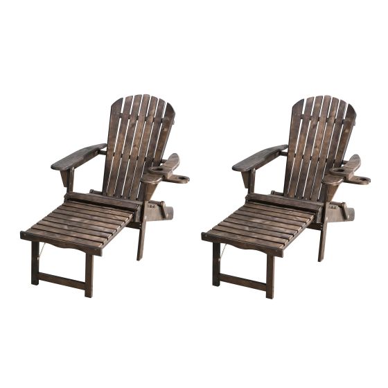 Oceanic Adirondack Chaise Lounge w/Ottoman & Beverage Holder, Set of 2 - Dark Brown