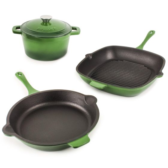 Neo 4pc Cast Iron Cookware Set, Fry Pan, Grill Pan & Round Dutch Oven, Green