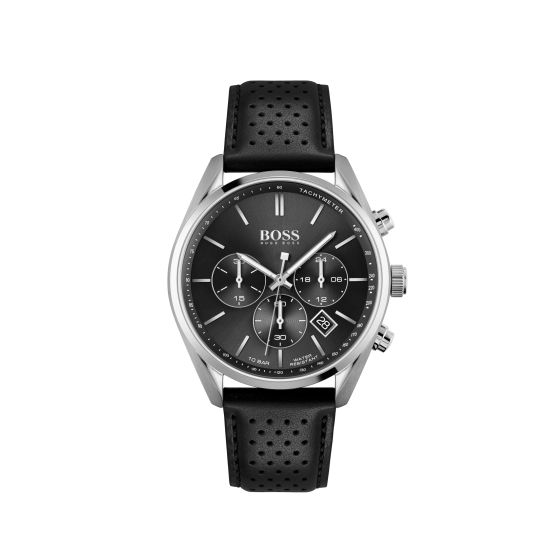 Mens Champion Silver & Black Leather Strap Watch Black Dial