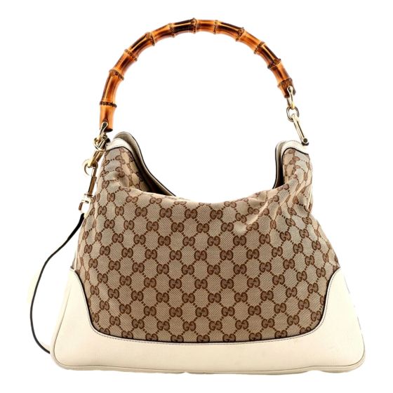 Gucci Diana Bamboo GG Canvas Medium Shoulder Bag White Leather