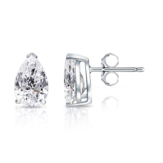 Bright White Pristine Pear Lab Grown Diamond Stud in 14K White Gold 2.00ct, Color-GH,Clarity-VS
