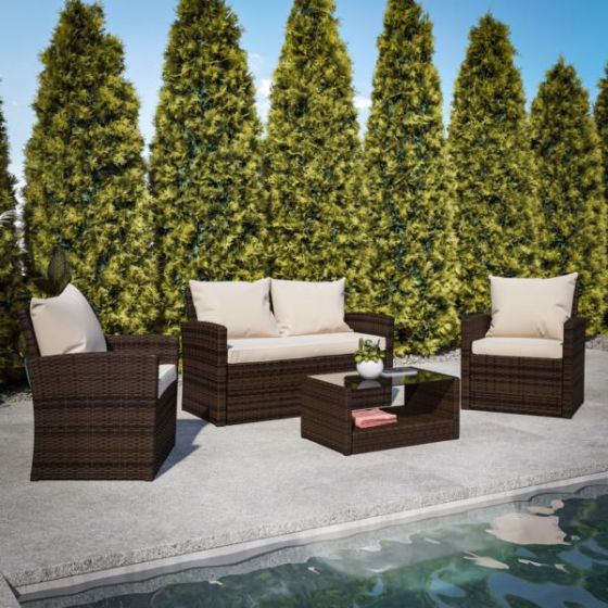 4 PC Brown Patio Set with Beige Back Pillows & Seat Cushions - Outdoor Seating
