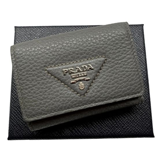 Prada Marmo Marble Grey Vitello Daino Leather Silver Logo Trifold Wallet