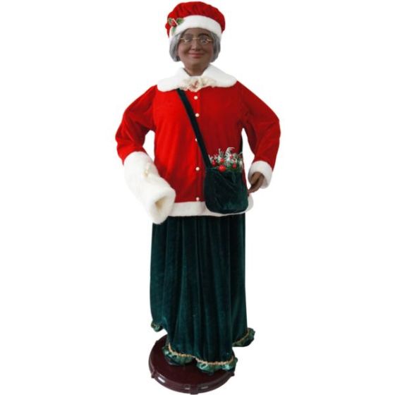 58-In. African American Dancing Mrs. Claus with Faux-Fur Hand Muff, Animated Indoor Christmas Holida