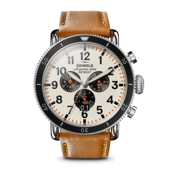 Mens' Runwell Chrono Bourbon Leather Strap Watch Ivory Dial