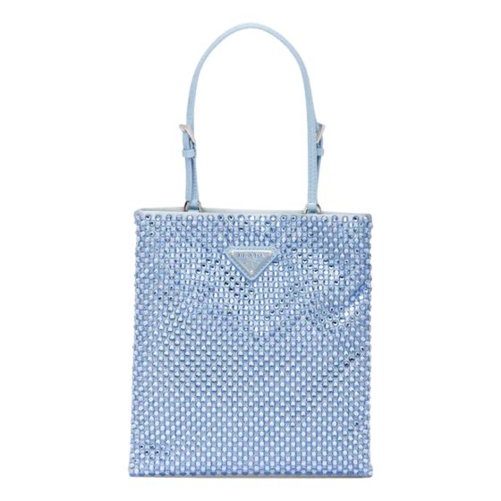 Prada Mini Satin Crystal Embellished Double Handle Crossbody Handbag Light Blue