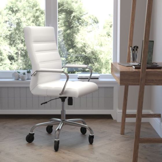 Executive Chair with Chrome Frame & Arms on Skate Wheels - White LeatherSoft