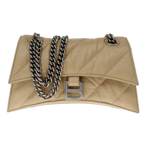 Balenciaga Crush Quilted Leather Chain Shoulder Bag Taupe