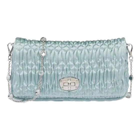 Miu Miu Satin Quilted Crystal Embellished Chain Crossbody Light Blue