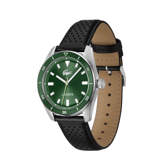 Mens Boston Green & Black Leather Strap Watch Green Dial