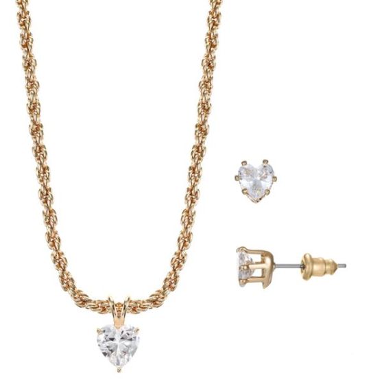 Heart Cubic Zirconia Pendant and Stud Earrings Set - Goldtone