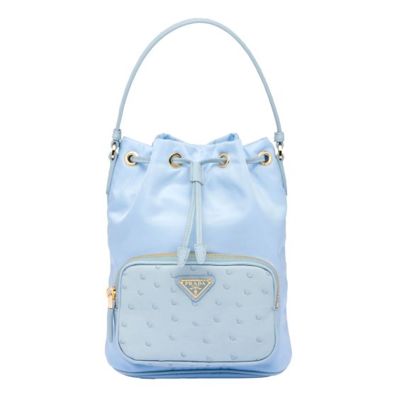 Prada Duet Tessuto Nylon Ostrich Leather Cielo Blue Bucket Bag