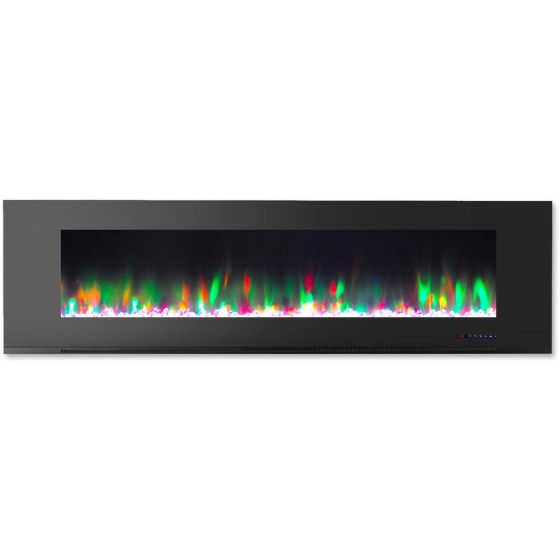 72 In. Wall-Mount Electric Fireplace in Black with Multi-Color Flames and Crystal Rock Display