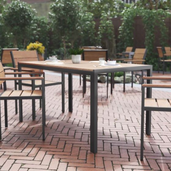 Commercial 55 x 31 Faux Teak Outdoor Patio Table - Natural/Gray