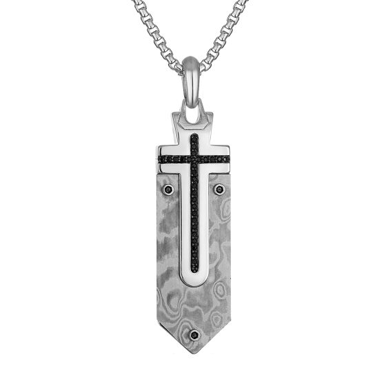 Marc Anthony's Cross inlaid Damascus Steel, Sterling Silver/Black Diamonds Pendant, 24