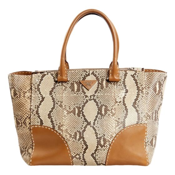 Prada Galleria Natural Python Leather Brown Double Zip Tote Handbag