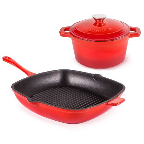Neo 3pc Cast Iron Cookware Set, Grill Pan & Round Dutch Oven, Red