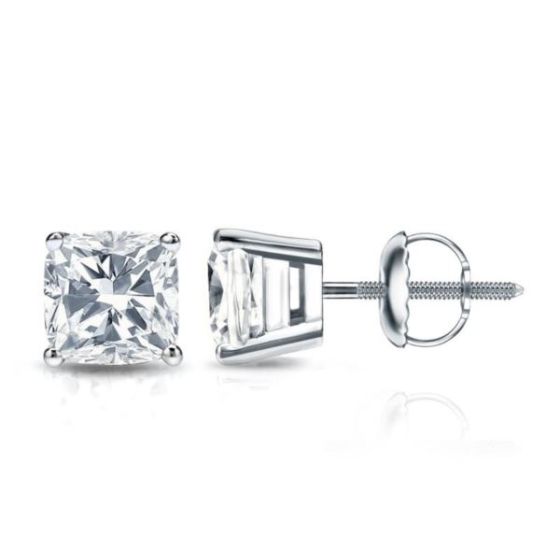 Bright White Pinnacle Cushion Lab Grown Diamond Screwback Stud in 14K White Gold 2.10ct, GH, VVS