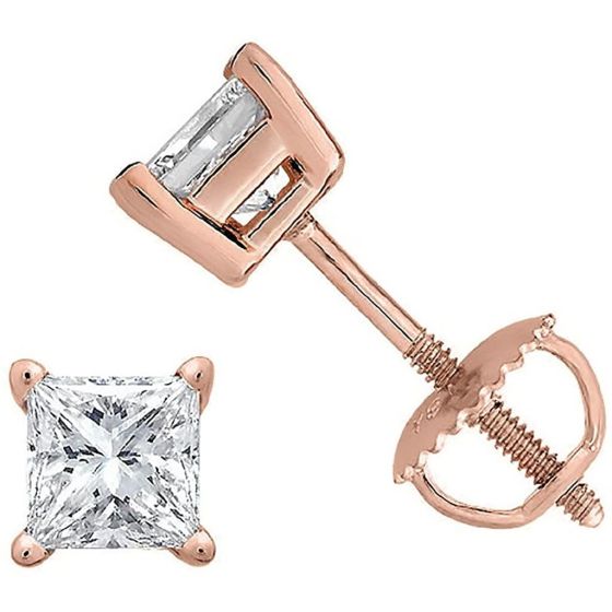 Certified PARIKHS Princess Cut  Diamond Screw Back Stud 14K Rose Gold 1.00ct HIJ Color,VS2 Clarity