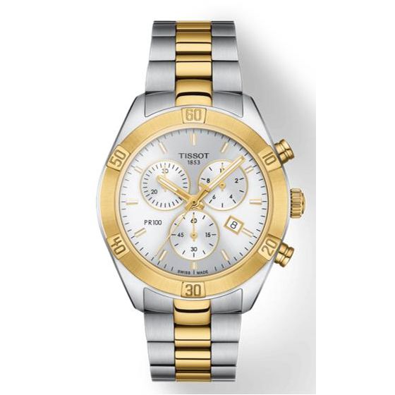 Ladies PR 100 Sport Chic Chronograph 2-Tone Stainless Steel Watch Silver Dial