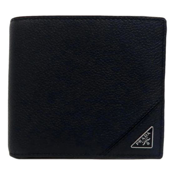Prada Black Vitello Micro Grain Leather Bifold Wallet Triangle Enamel Logo