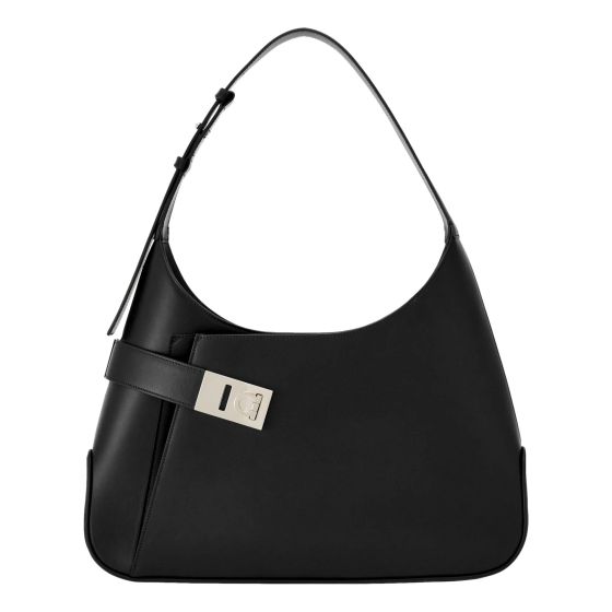 Ferragamo Arch Black Brushed Leather Hobo Shoulder Bag