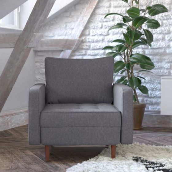 Compact Slate Gray Faux Linen Upholstered Tufted Chair with Wooden Legs