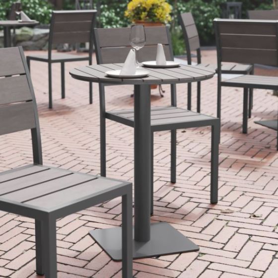 Commercial 24 Inch Round Faux Teak Outdoor Patio Dining Table - Natural/Gray