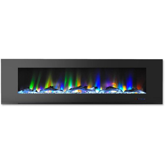 72 In. Wall-Mount Electric Fireplace in Black with Multi-Color Flames and Driftwood Log Display