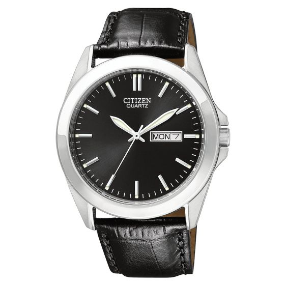 Men's Quartz Watch, Black Leather Strap with Black Dial