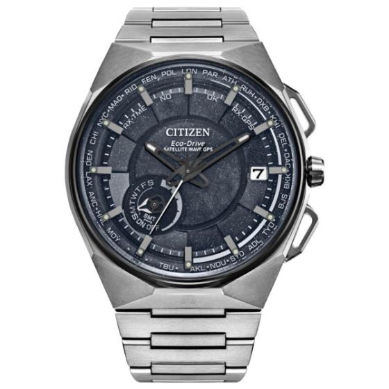 Men's Satellite Wave GPS Super Titanium Silver Watch Black Cosmos Dial