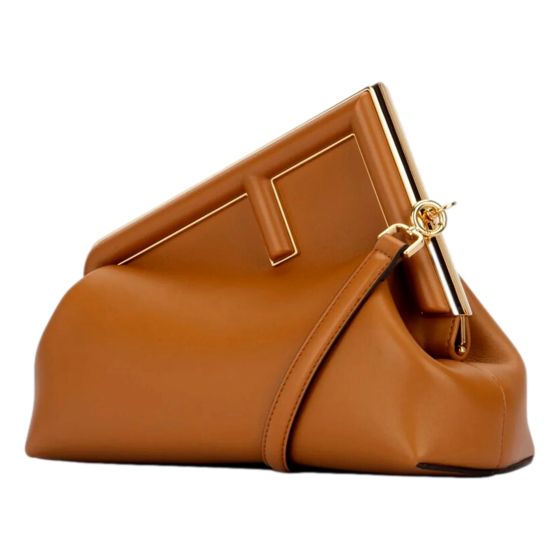 Fendi First Midi Clutch Crossbody in Caramel Brown Nappa Leather with Gold FF Logo