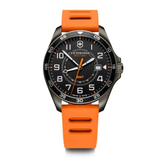 Fieldforce Sport Gmt, 42mm, Black Bezel, Black Dial, Orange Rubber Strap