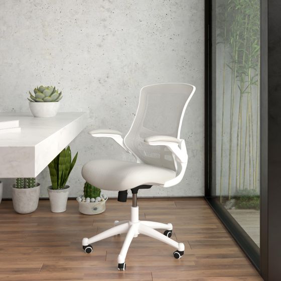 Mid-Back Light Gray Mesh Ergonomic Task Office Chair, White Frame - Flip-Up Arms