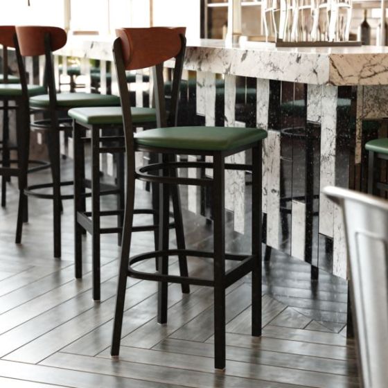 Commercial Metal Barstool with Vinyl Seat and Wood Boomerang Back-Green/Walnut