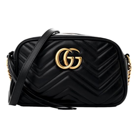 Gucci Calfskin Matelasse Small GG Marmont Chain Crossbody Bag Black