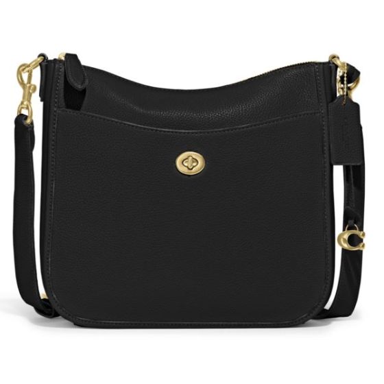 Polished Pebbled Leather Chaise Crossbody -Black/Brass