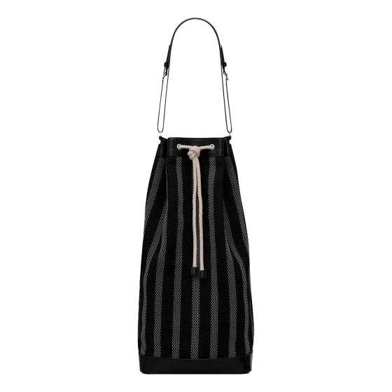 Saint Laurent Canvas Leather Trim Oversized Drawstring Bucket Bag Black