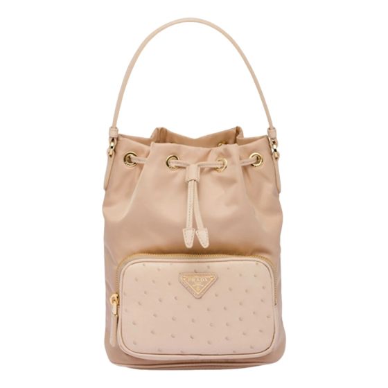 Prada Duet Tessuto Nylon Ostrich Leather Cammeo Beige Bucket Bag