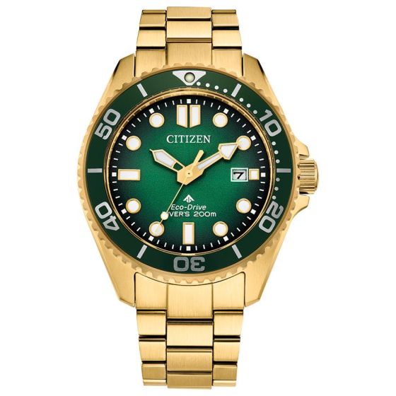 Good looks meet dive-ready functionality in the latest Promaster Dive timepiece. Comfortable on the wrist at 41mm in gold-tone stainless steel, this handsome tool watch is secured to the wrist via a matching triple-link bracelet and stylized in wear via a