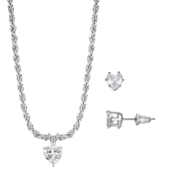 Heart Pendant with CZ Heart and Stud Earrings Set - Silver