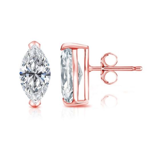 Bright White Pinnacle Marquise Lab Grown Diamond Stud in 14K Rose Gold 2.20ct,Color-GH,Clarity-VVS