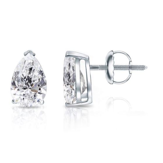 Bright White Pinnacle Pear Lab Grown Diamond Screwback Stud in 14K White Gold 2.20ct, GH, VVS