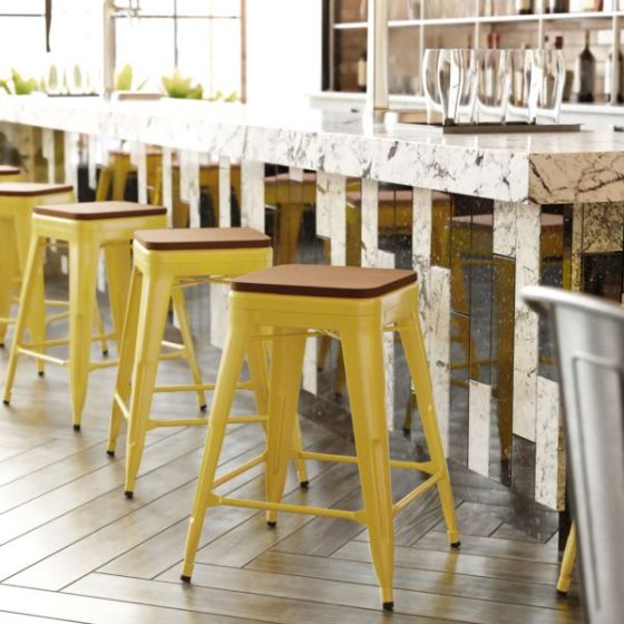 Indoor/Outdoor Backless Counter Stool with Poly Seat - Yellow/Teak