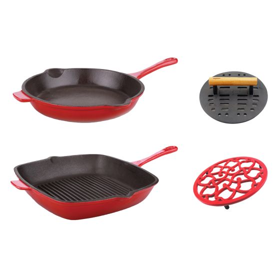 Neo Cast Iron 4pc set  with Trivet, Red