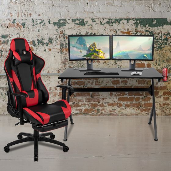 Black/Red Gaming Desk Set - Cup/Headset Holder/Reclining & Footrest