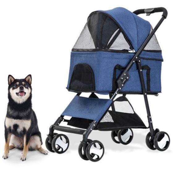Single 4 Wheel Pet Stroller for Pets 33 Lbs. and Under with Storage Basket, Blue