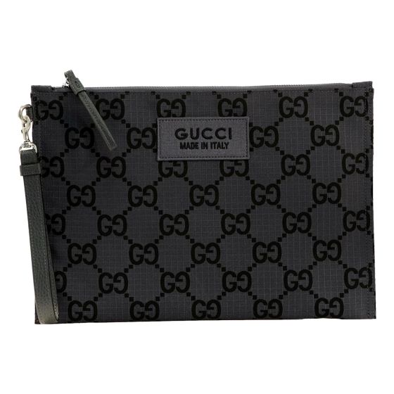 Gucci Ripstop Canvas Jumbo GG Large Clutch Wristlet Gray Black