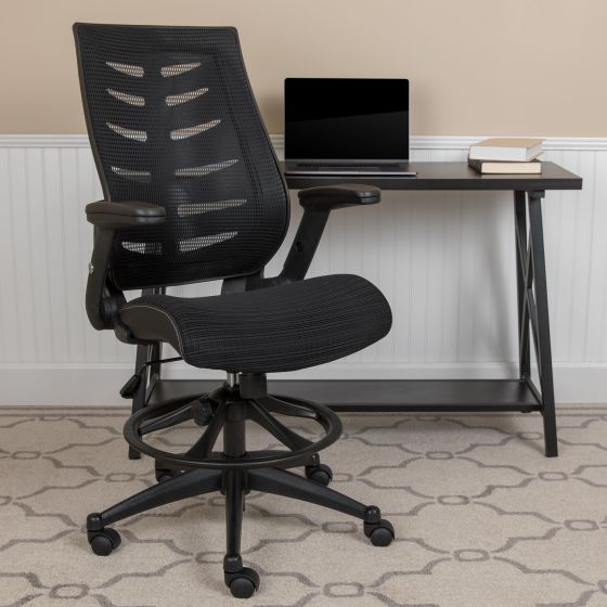 High Back Black Mesh Ergonomic Drafting Chair with Adjustable Flip-Up Arms