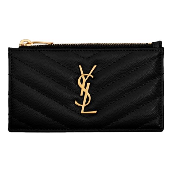Saint Laurent Cassandre Matelasse Fragments Grain de Poudre Black Leather Zipper Card Holder